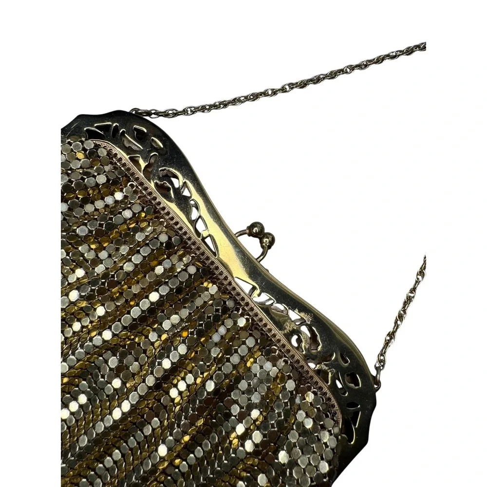 Whiting & Davis Vintage Gold Mesh Evening Bag Filigree Frame Clutch Made in USA